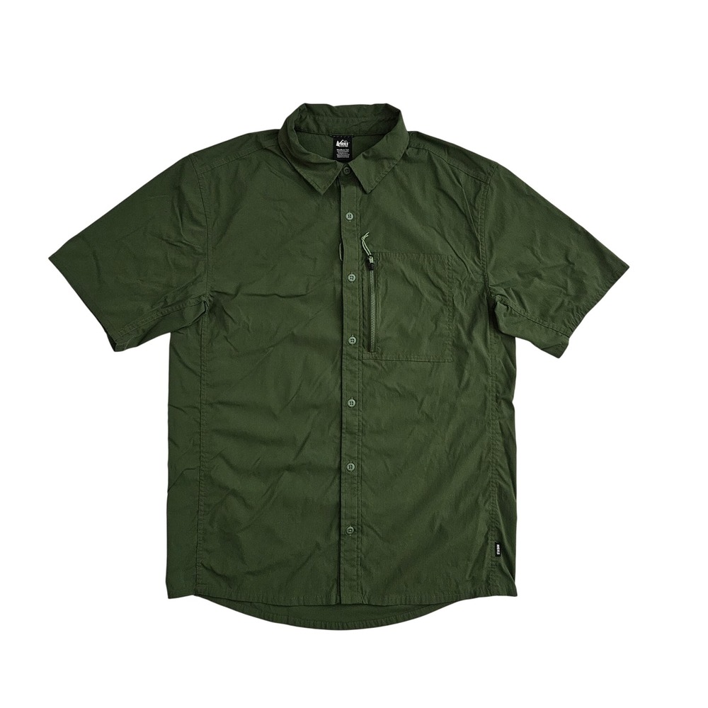 REI Co-op Mens Medium Tall Trailmade Green Short Sleeve Button Up Outdoor‎ Shirt
